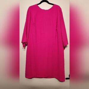 CeCe Hot Pink Dress Sz 14 W Tie Cuff 3/4 Length Sleeves Crew Neck Back Zipper